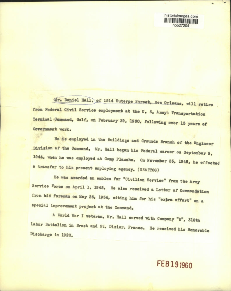 1960 Press Photo Daniel Hall, retiring-U.S. Army Transportation Terminal Command