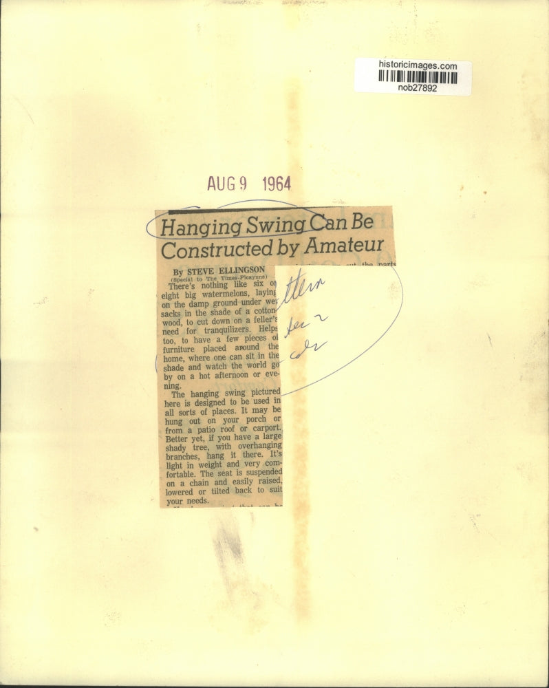 1964 Press Photo Young Woman Seated on Do-It-Yourself Swing - nob27892