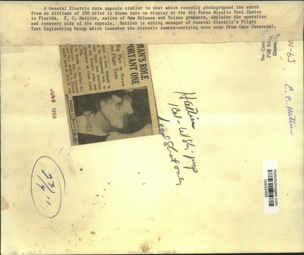 1959 Press Photo General Electric data capsule on display at the AF Test Center.