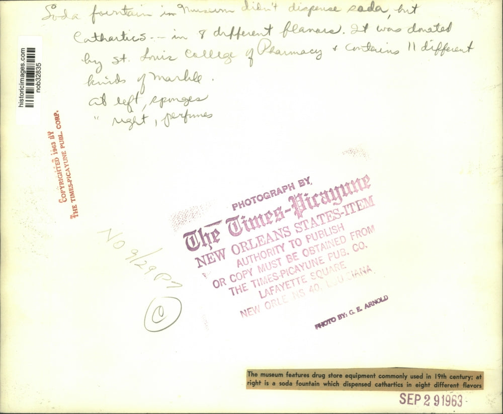 1963 Press Photo Museum features drug store equipment used in 19th century