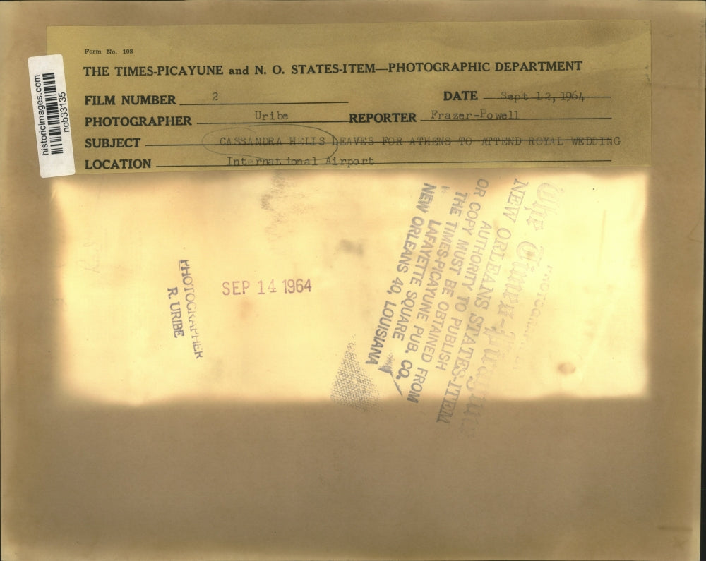 1964 Press Photo Cassandra Helis leaves for Athens to attend Royal wedding