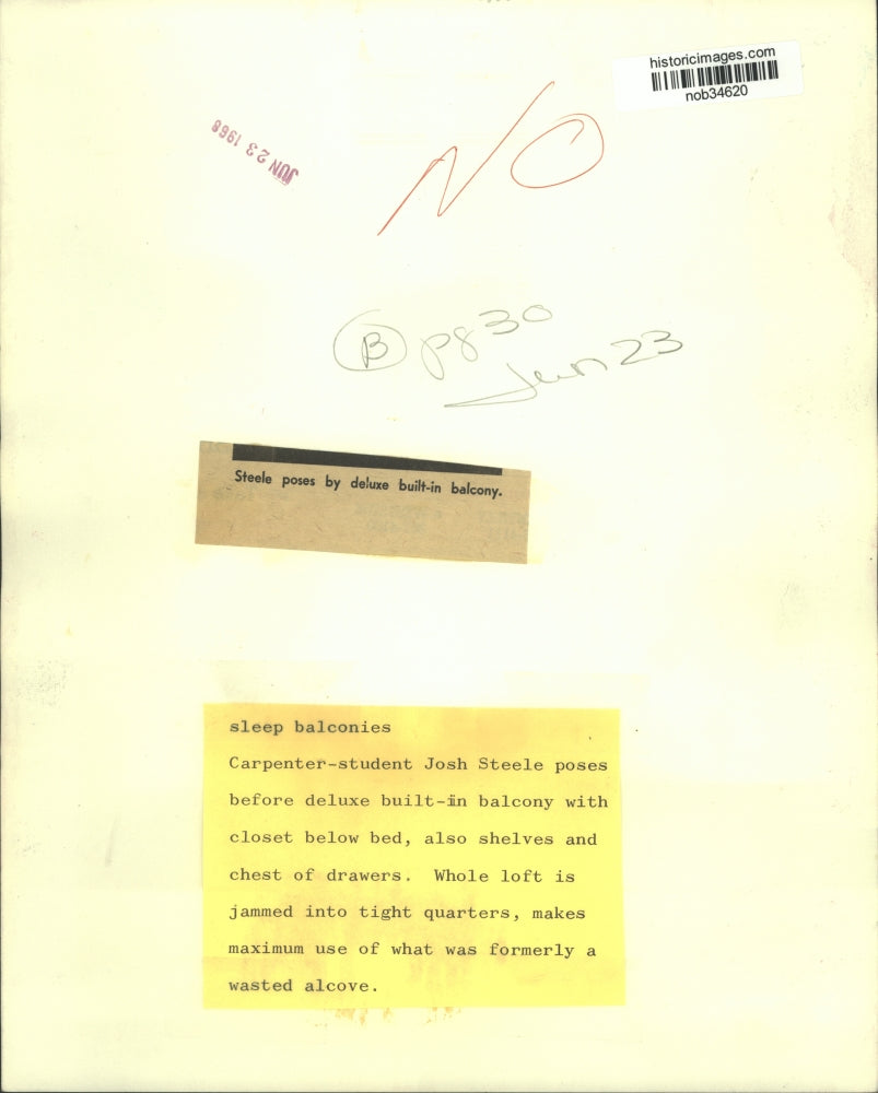 1968 Press Photo Carpenter-student Josh Steele poses before deluxe balcony