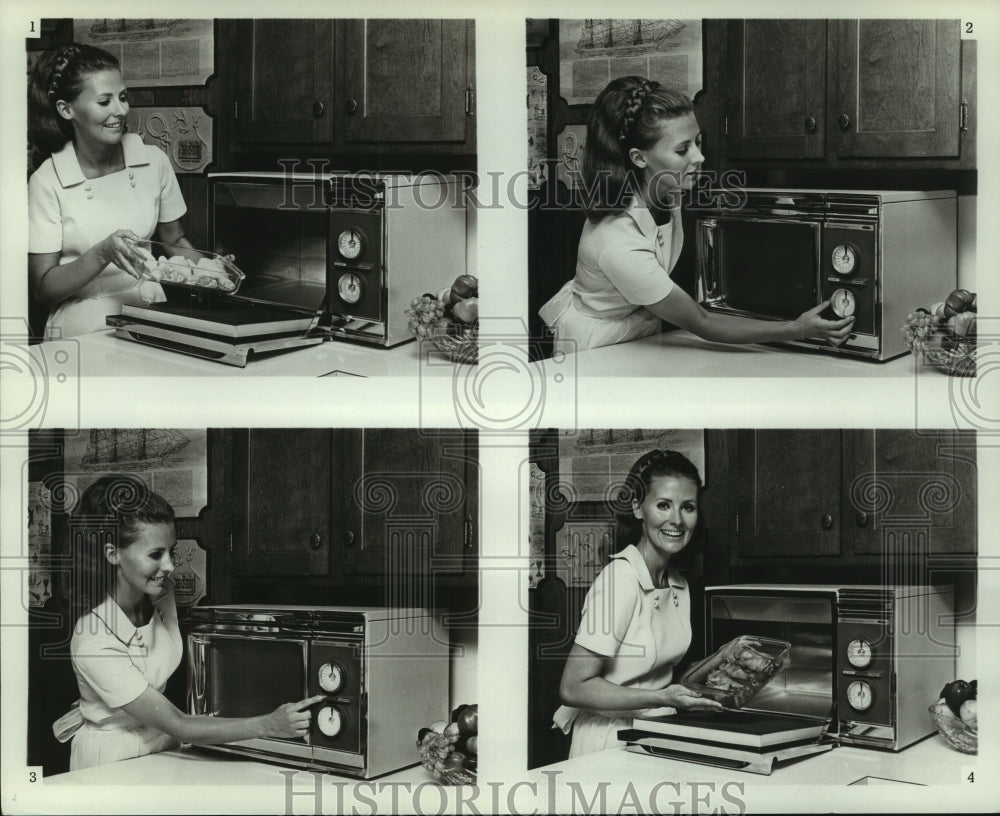1973 Press Photo A model demonstrates the new Radarange microwave oven by Amana