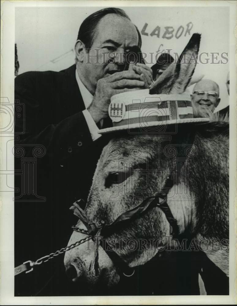 1968 Press Photo Hubert Humphrey whispers a secret in a donkey's ear- Historic Images