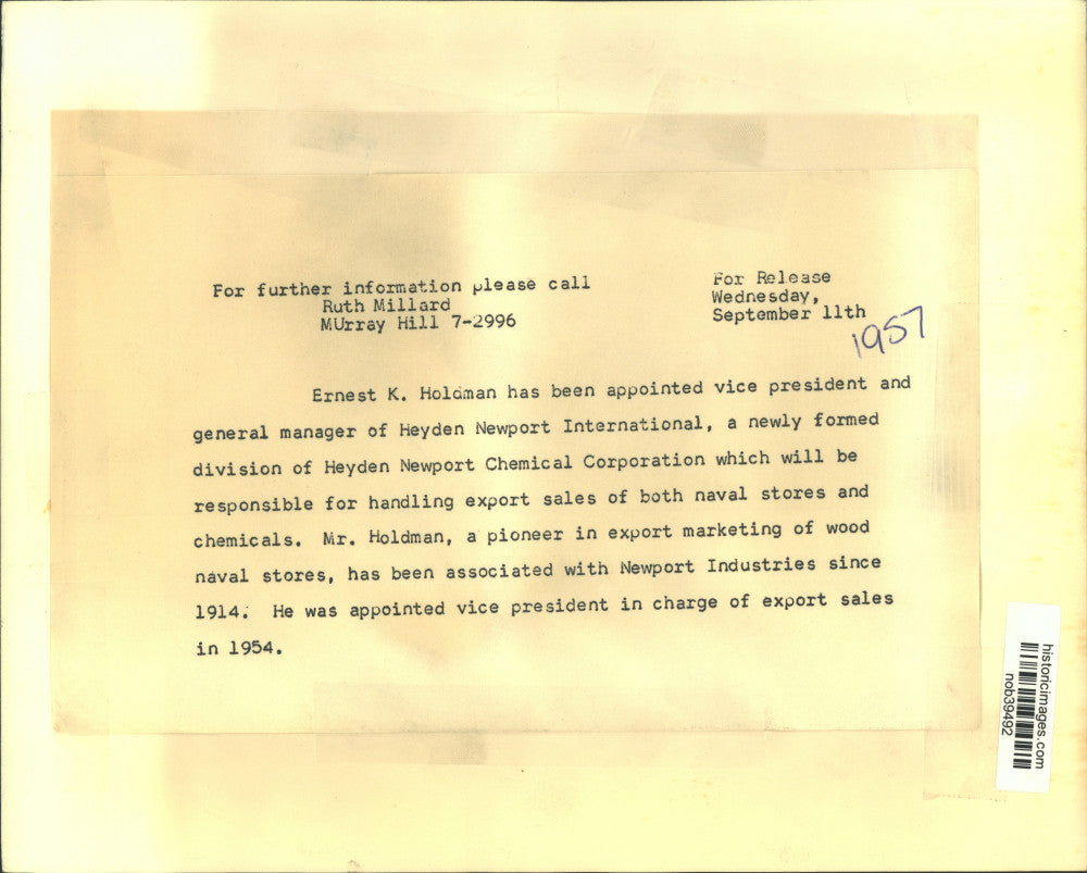 1957 Press Photo Ernest Holdman appointed vice president at Heyden Newport.