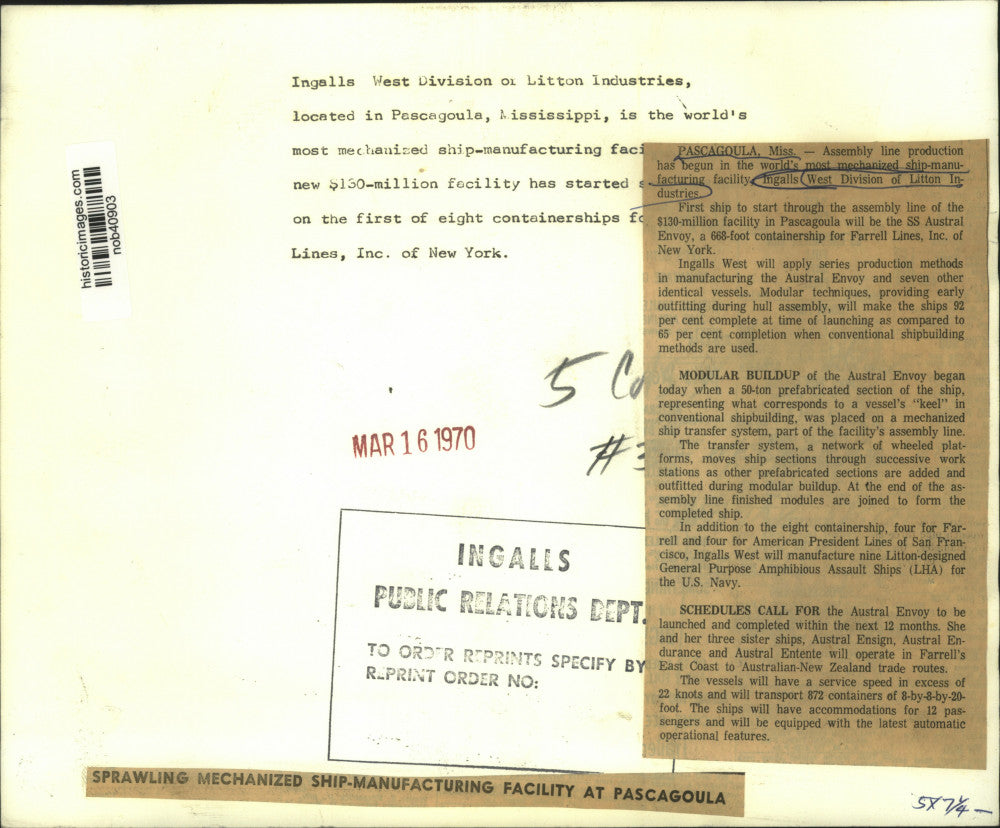 1970 Press Photo Sprawling mechanized ship-manufacturing facility at Pascagoula.