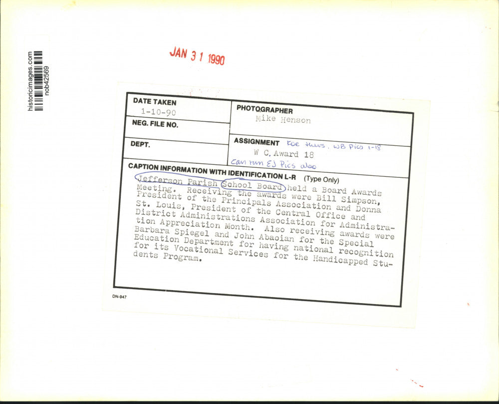 1990 Press Photo Jefferson Parish School Board's, Board Awards Meeting