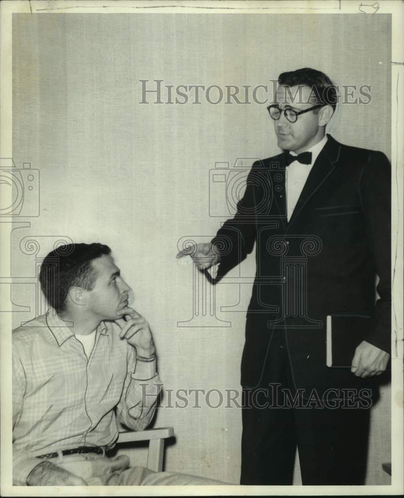 1957 Press Photo Joe Sparks, and Dr. Lee Hoffman in &quot;No More Darkness&quot; Play