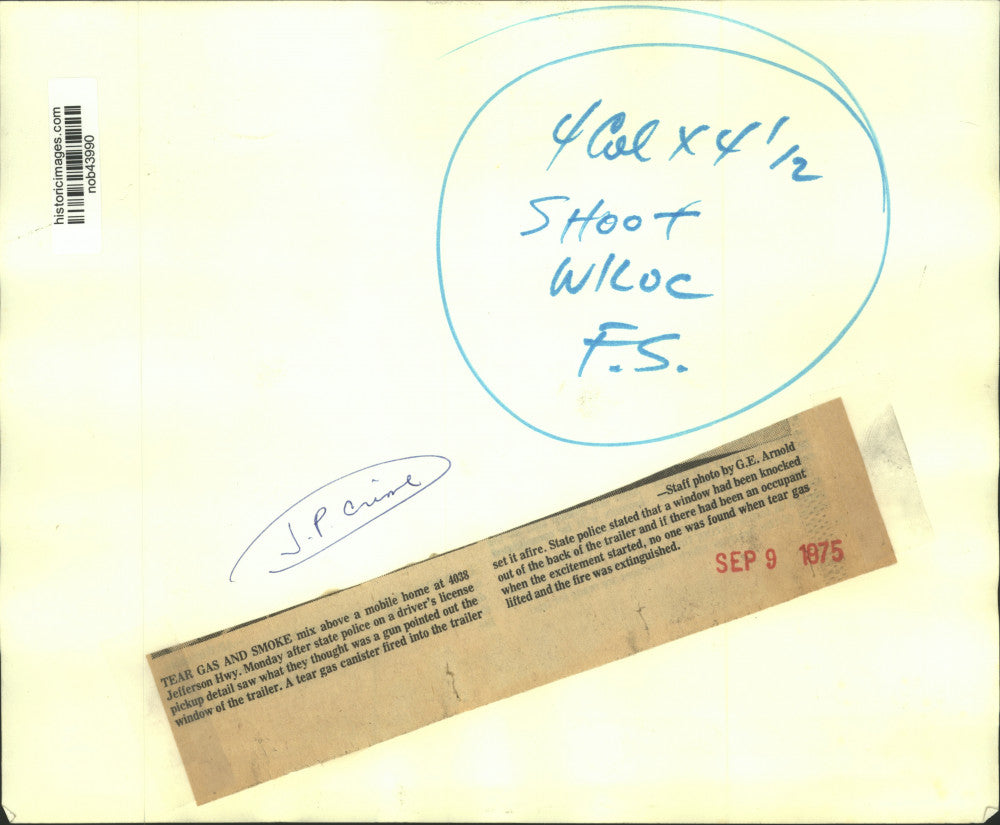 1975 Press Photo Fire Caused by Police Tear Gas Canister Engulfs Mobile Home