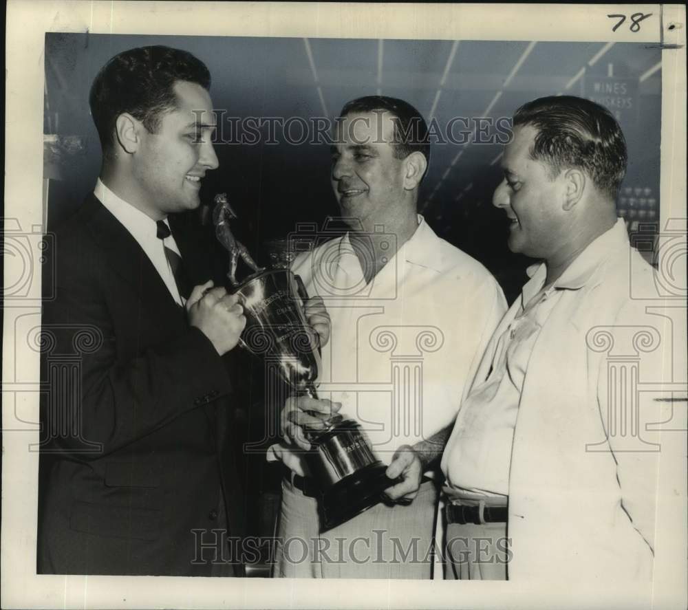 1955 Press Photo Buck Sensebe accepts Pap&#39;s trophy from Fred Hoffman Jr.