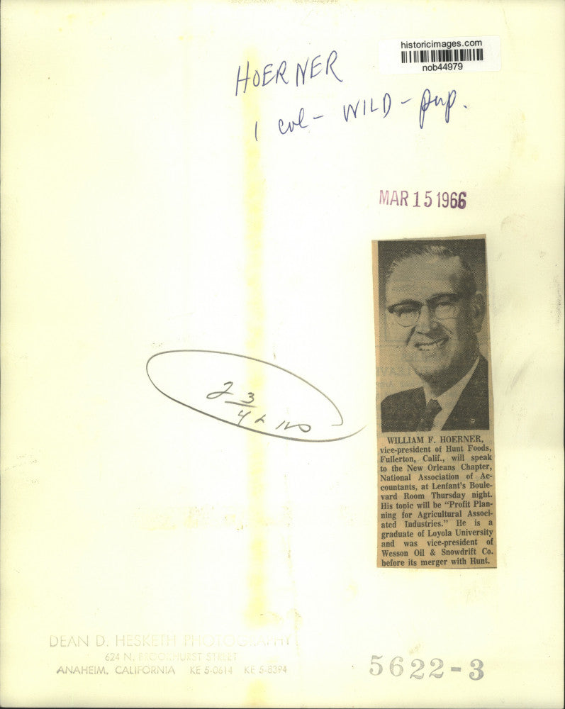 1966 Press Photo William F. Hoerner, vice-president of Hunt Foods in Fullerton