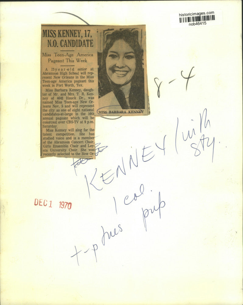 1970 Press Photo Barbara Kenney, Representing New Orleans- Miss Teenage America
