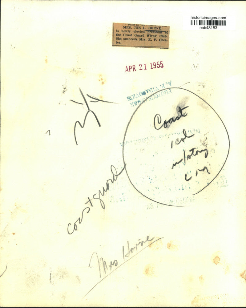 1955 Press Photo Mrs. Joe L. Horne, new president of the Coast Guard Wive's Club