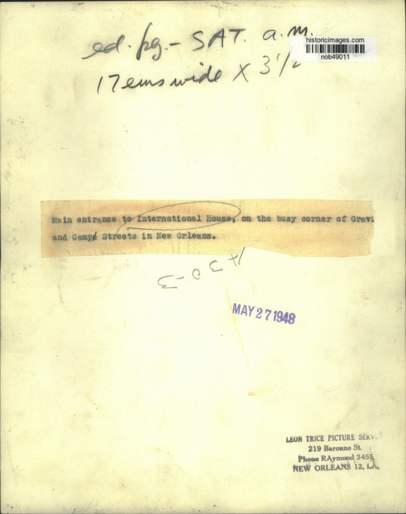 1948 Press Photo Entrance to International House at Canal Street in New Orleans