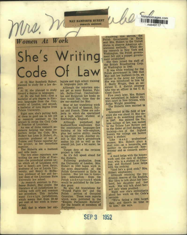 1952 Press Photo May Bamforth Hubert, research assistant to revise Civil Code