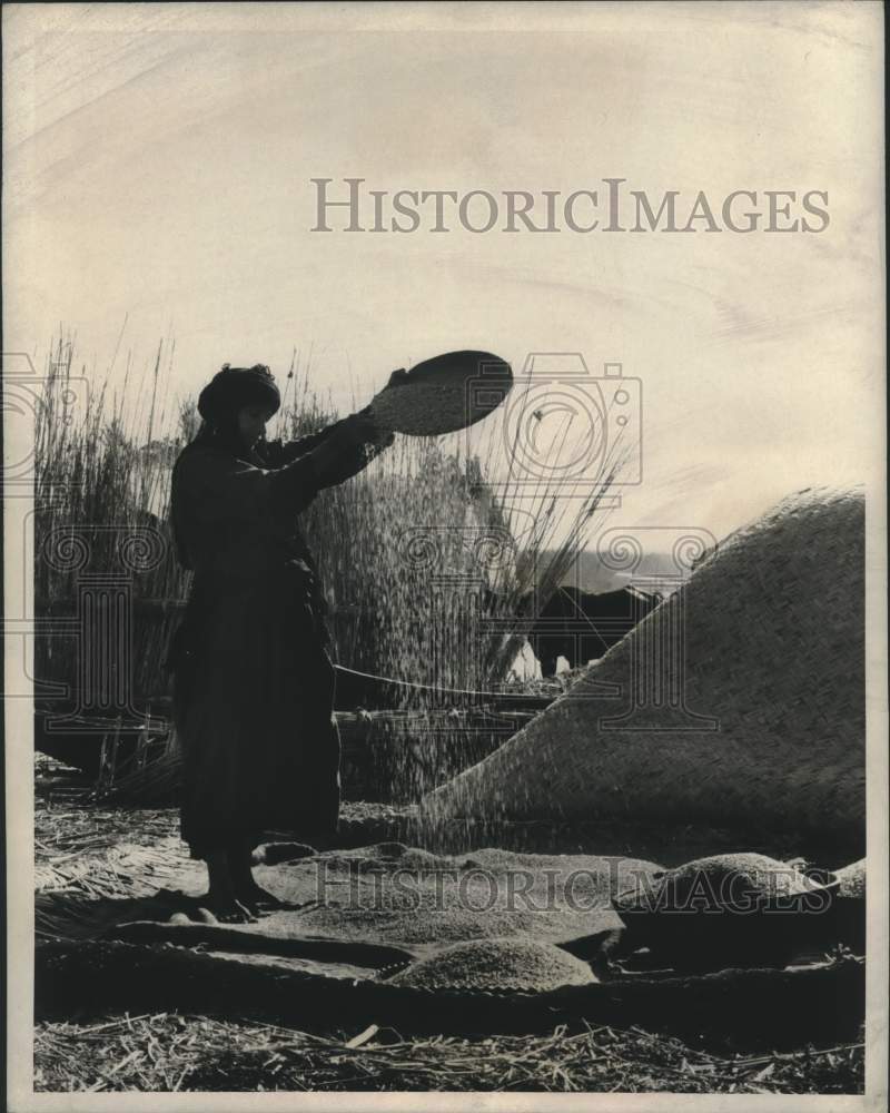 1969 Press Photo Marsh tribe woman separates chaff from kernels of rice by air- Historic Images