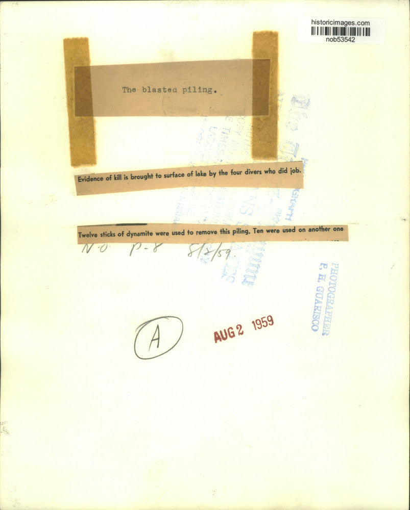 1959 Press Photo Divers setting-up dynamite to blast pilings from the river