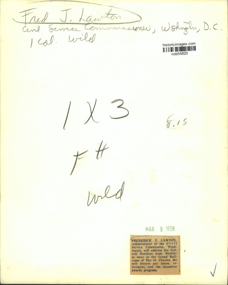 1958 Press Photo Frederick J. Lawton, commissioner of Civil Service Commission