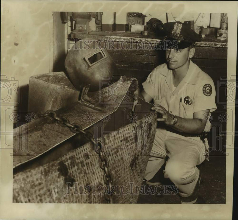 Load image into Gallery viewer, 1956 Press Photo Joseph Le Blanc of crash truck crew looks at exploded tank
