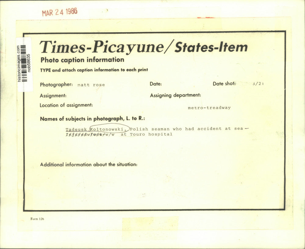 1986 Press Photo Polish seaman Tadeusk Koltonowski at Tour hospital - nob58635
