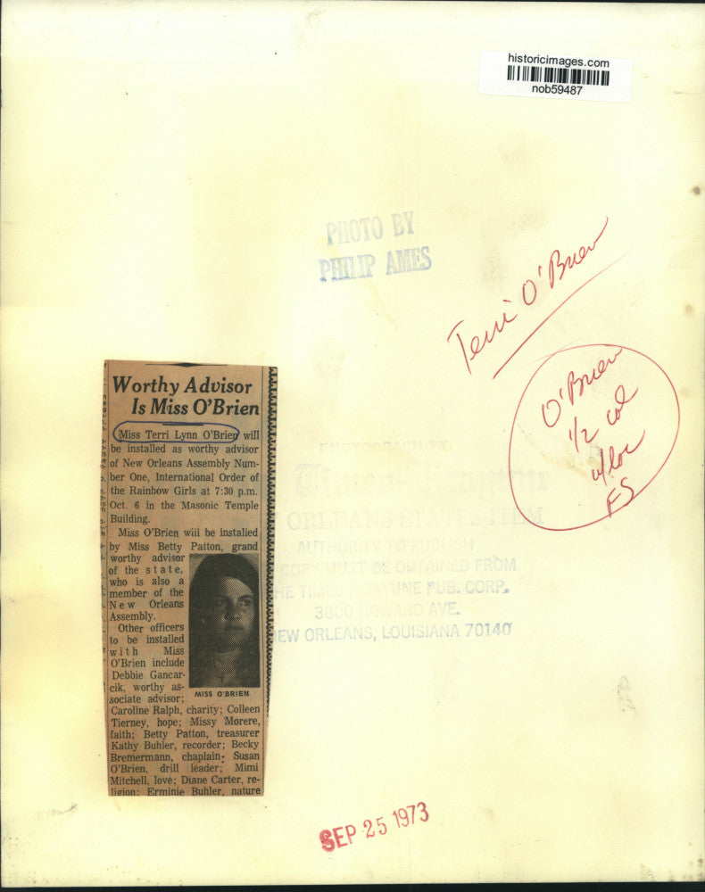 1973 Press Photo Terri Lynn O'Brien, worthy advisor of New Orleans Assembly