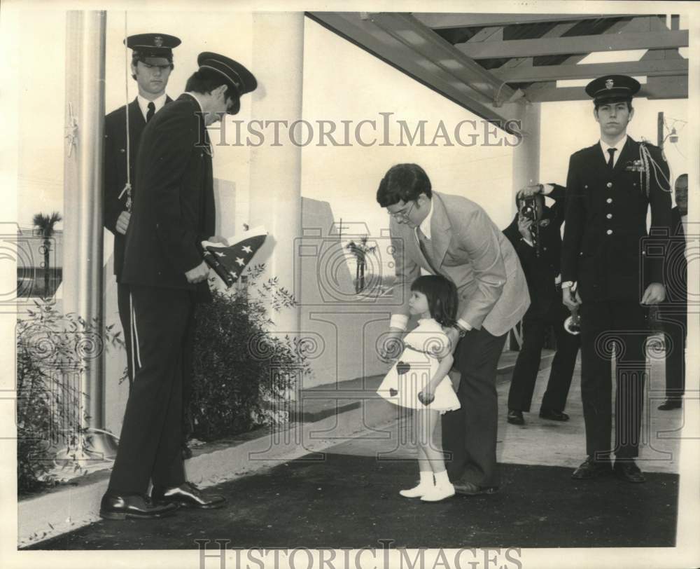 1973 Press Photo Danielle Sougeron gives flag to Color Guard at New Bank
