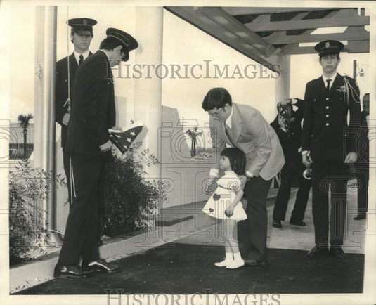 1973 Press Photo Danielle Sougeron gives flag to Color Guard at New Bank