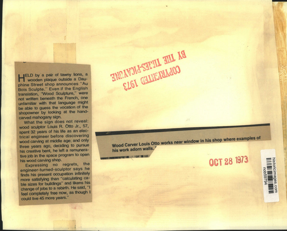 1973 Press Photo Wood Carver Louis Otto works at his "Au Bois Sculpte" shop