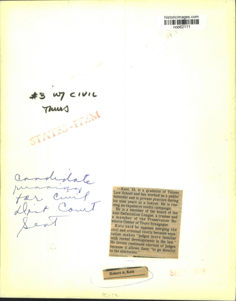 1978 Press Photo Robert A. Katz, Candidate for Civil District Court - nob62111