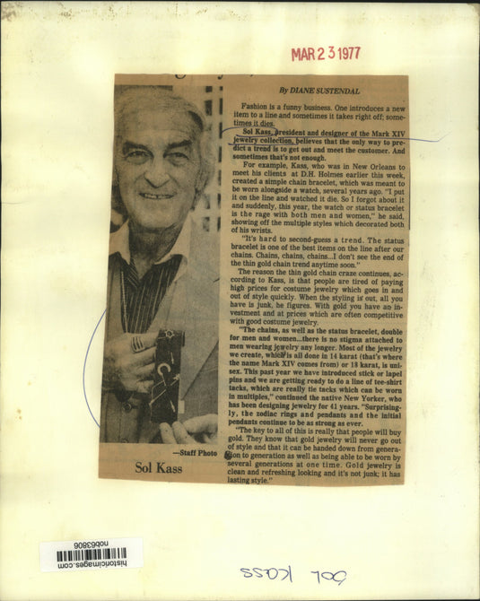 1977 Press Photo Sol Kass, president of Mark XIV jewelry collection - nob63806
