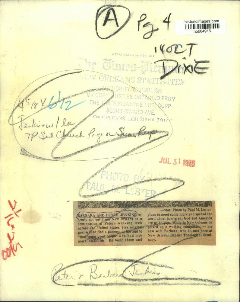 1976 Press Photo Barbara and Peter Jenkins, on a continuation of walking trek