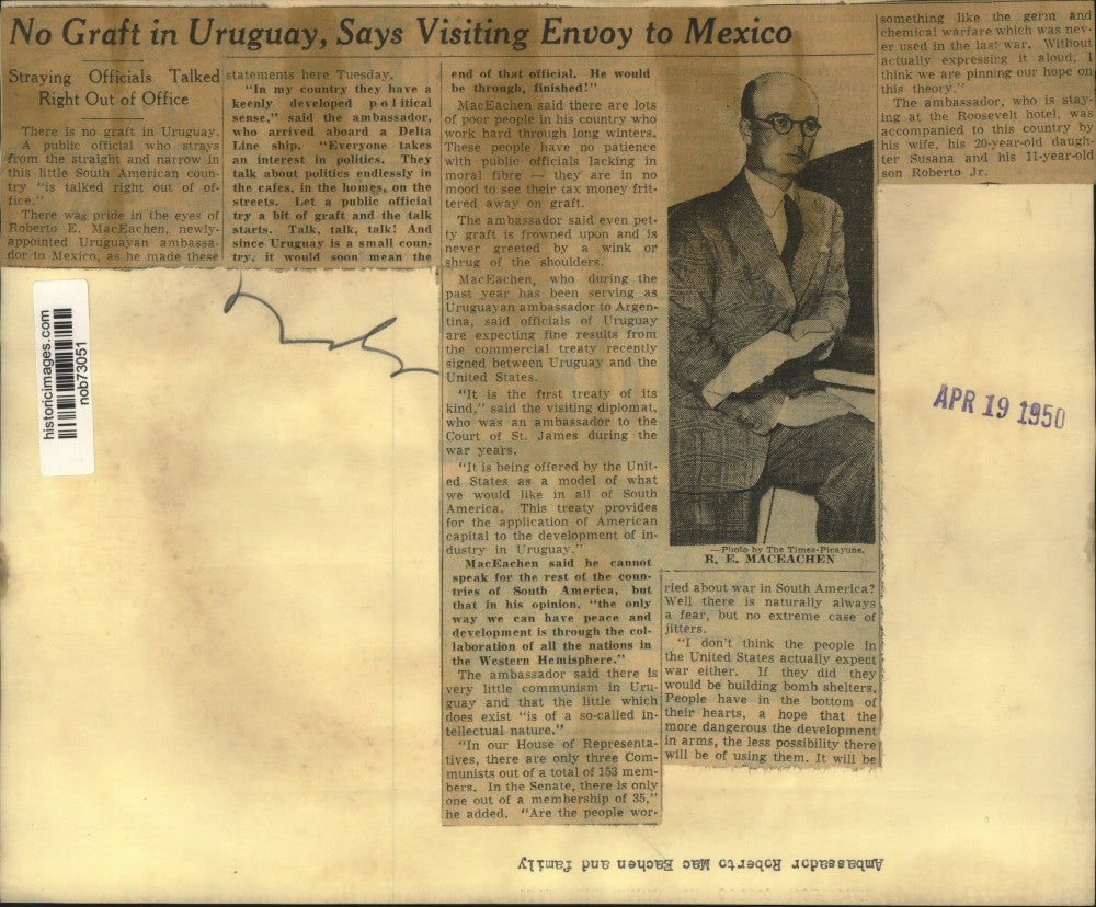 1950 Press Photo Roberto E. MacEachen, Appointed Uruguayan ambassador to Mexico