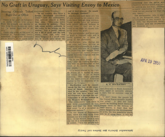 1950 Press Photo Roberto E. MacEachen, Appointed Uruguayan ambassador to Mexico