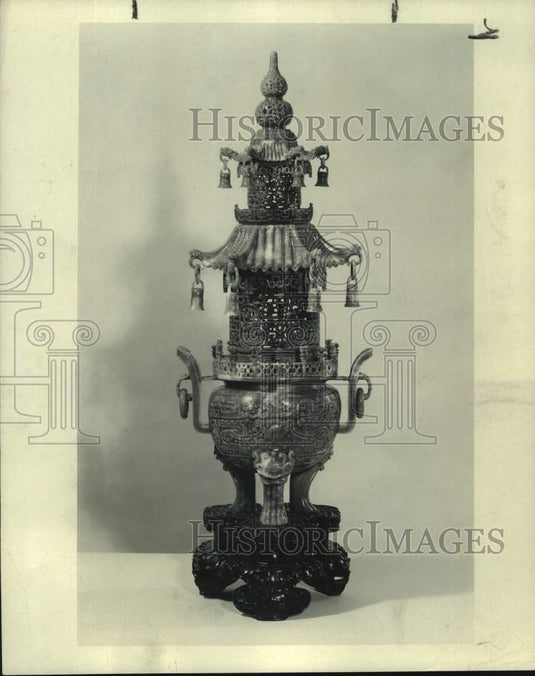 1970 Press Photo Rare blue jade incense burned carved in a pagoda shape