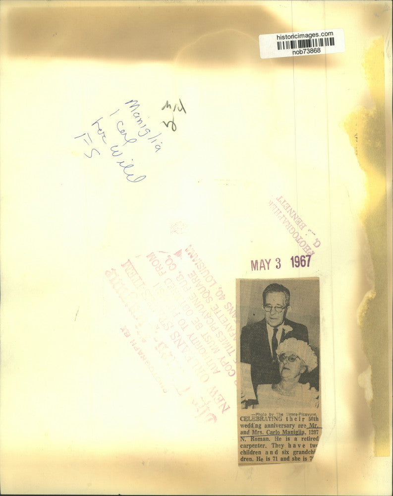 Load image into Gallery viewer, 1967 Press Photo Mr. &amp; Mrs. Carlo Maniglia Celebrate 50th Wedding Anniversary

