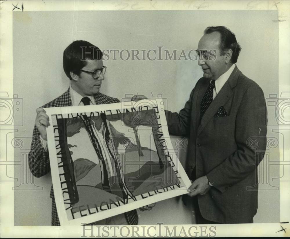 1975 Press Photo John Bullard accepts &quot;Happy Land&quot; artwork from Jake Manguno