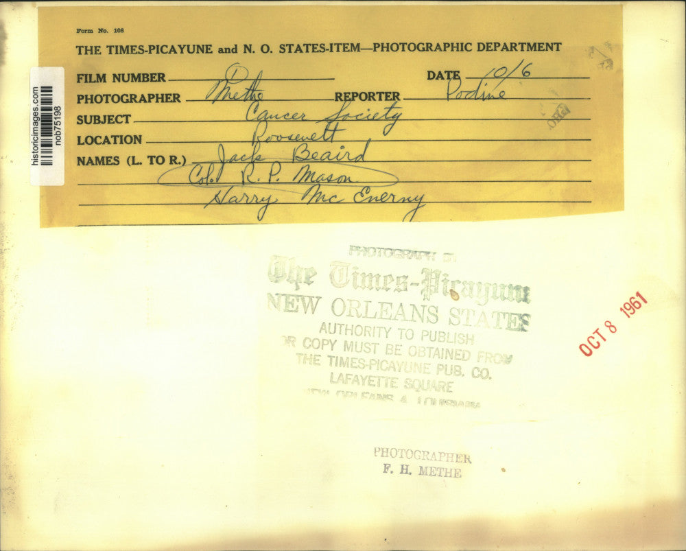 1961 Press Photo Jack Beaird, Col. R.P. Mason & Harry McEnerny of Cancer Society