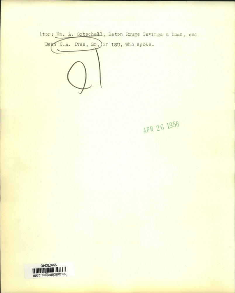 1956 Press Photo William Gotschall of Savings & Loan and Dean C.A. Ives of LSU