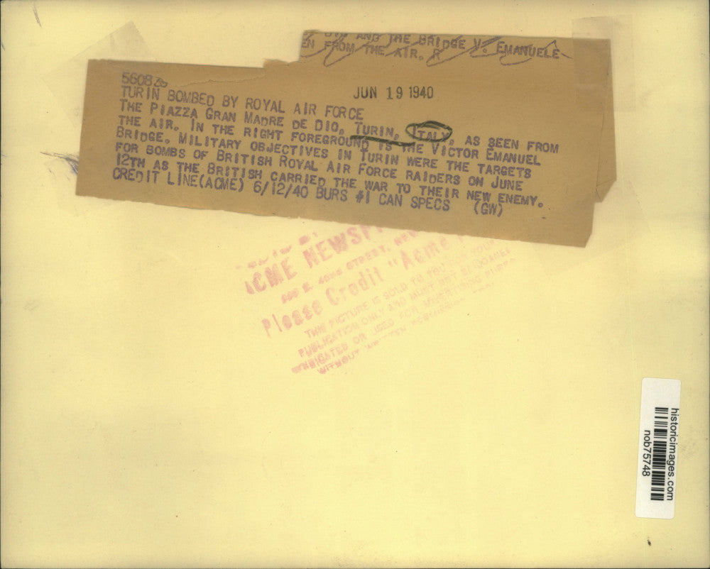 1940 Press Photo Aerial view of the Piazza Gran Madre De Dio in Turin, Italy