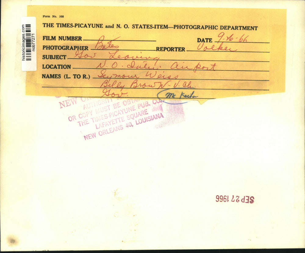 1966 Press Photo Louisiana Governor John J. McKeithen, New Orleans Airport