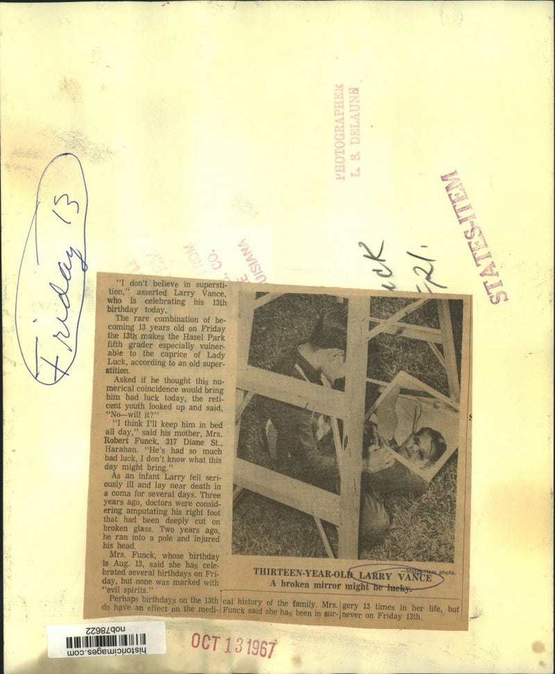 Load image into Gallery viewer, 1967 Press Photo Larry Vance, celebrating his 13th birthday on Friday 13th
