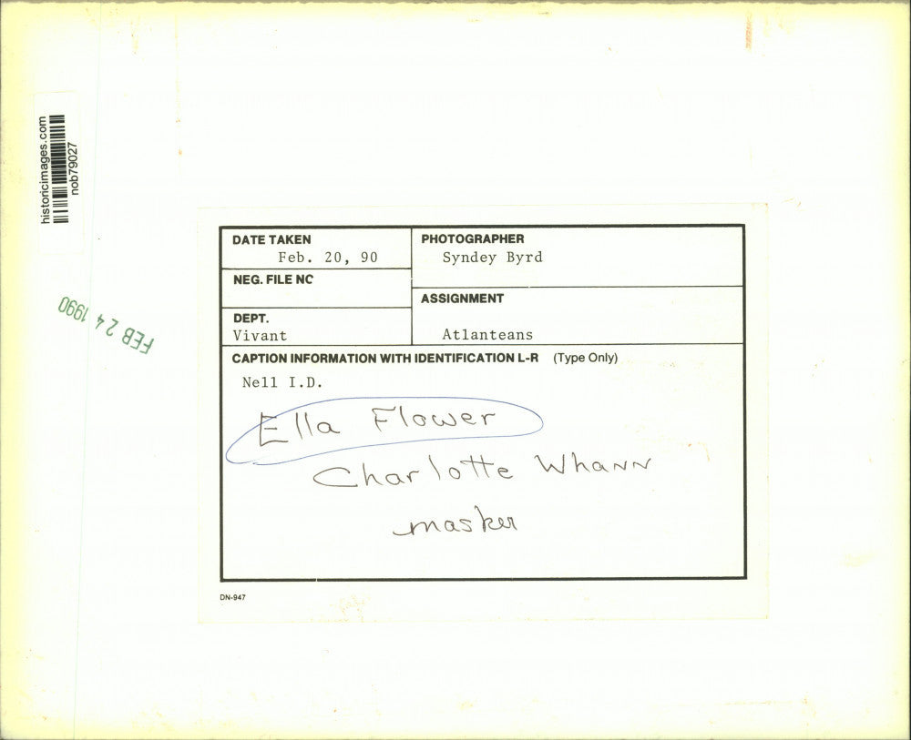 1990 Press Photo Ella Flower, Charlotte Whann, masker - at Atlanteans Ball