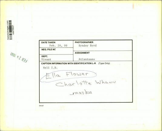 1990 Press Photo Ella Flower, Charlotte Whann, masker - at Atlanteans Ball