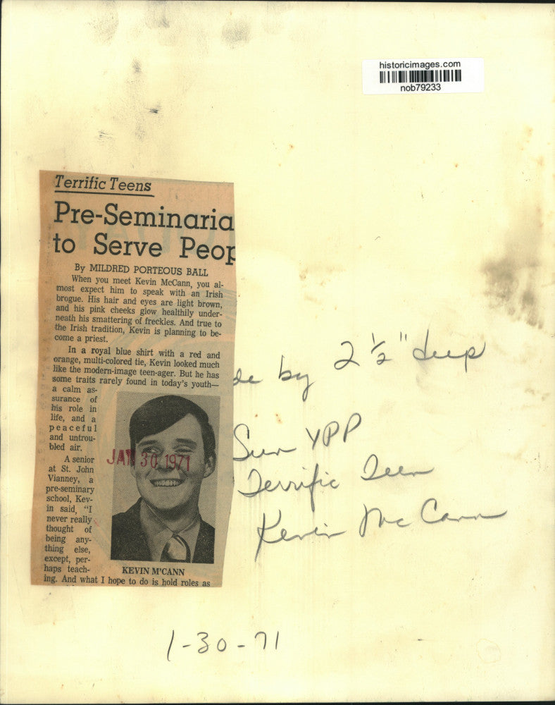 1971 Press Photo Kevin McCann, senior at St. John Vianney, a pre-seminary school