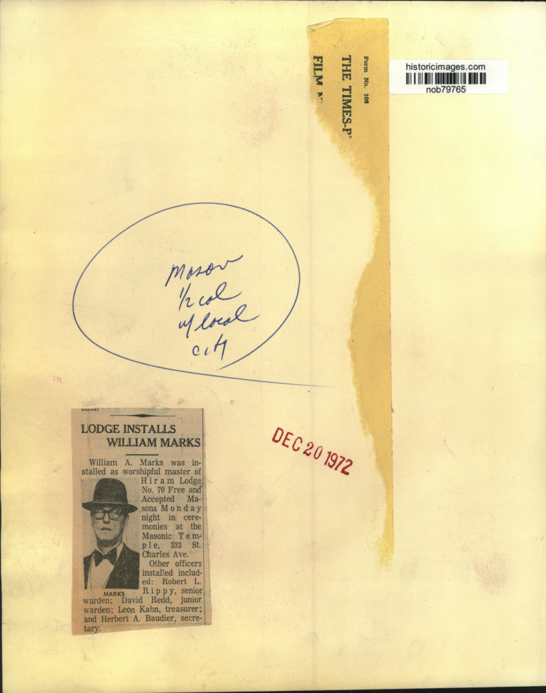 1972 Press Photo William A. Marks, worshipful master of Hiram Lodge No. 70