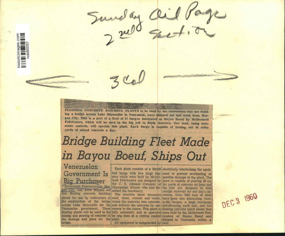1960 Press Photo Floating concrete batching plants for construction of bridge