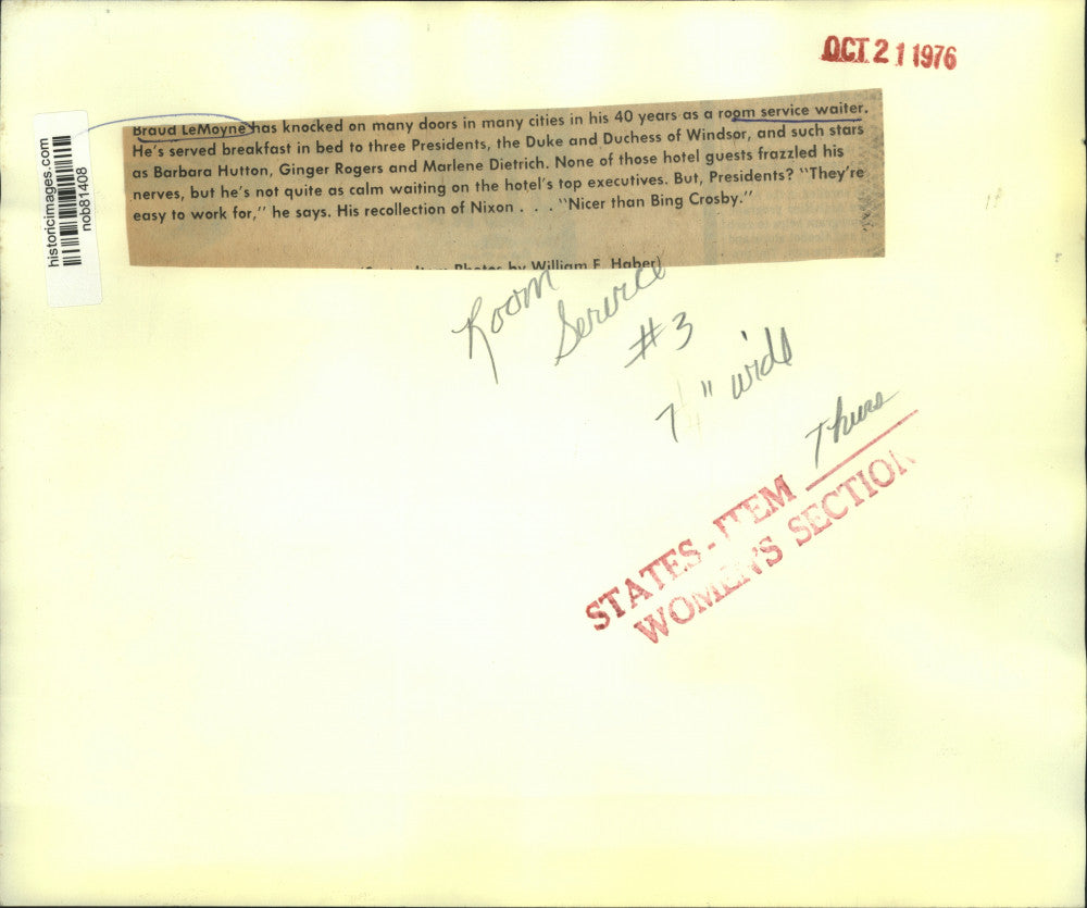 1976 Press Photo Braud LeMoyne, room service waiter and served breakfast in bed