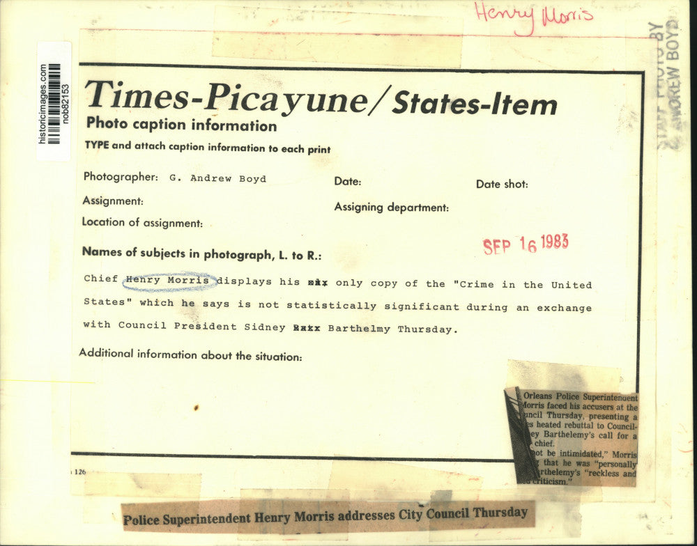 1983 Press Photo Police Superintendent Henry Morris Addresses City Council