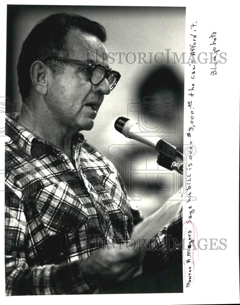 1985 Press Photo Monore Meyers says he cannot afford his $3000 bill- Historic Images