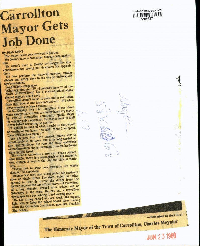1980 Press Photo The Honorary Mayor of the town of Carollton, Charles Meynier